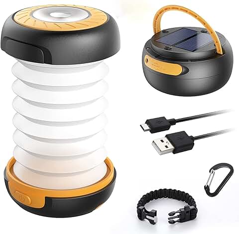 Luz Camping Recargable GlobaLink Farol Camping Lampara Led Solar Linterna Camping 140 LM Carga Solar/USB Modos Luz Baja/Alta/Parpadeo SOS Ligero Plegable Portátil para Acampada,con USB Cable y Pulsera  