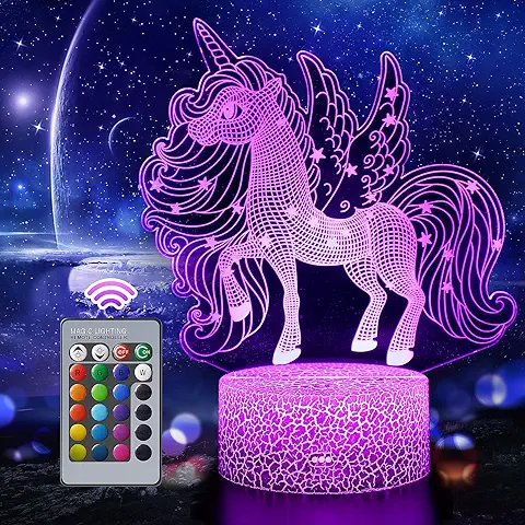 Luz Nocturna Infantil Unicornio, LED Lámpara de mesa Táctil con Control Remoto, San Valentín Regalo para Niños, Decoración de Cumpleaños, Acrílico, Azul, Cian, Blanco, Verde, Rojo, Purpura  