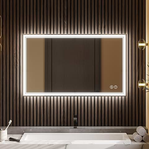 Lvifur Espejo de Baño con Iluminación, 60 × 100 cm, Espejo LED, Interruptor Táctil, Regulable, 3 Colores de luz, sin Vaho, Blanco Cálido con Iluminación, Espejo de Pared para Dormitorio, Hotel,  