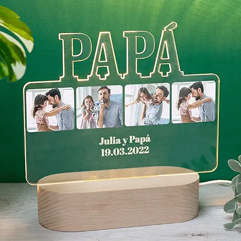 Made in Gift Lámpara de Metacrilato Personalizada en Varios Diseños de Placa con Foto, Texto y Nombres de Base de Madera con Iluminación LED Luz Blanca y Cable USB como Regalo Original (Papá)  