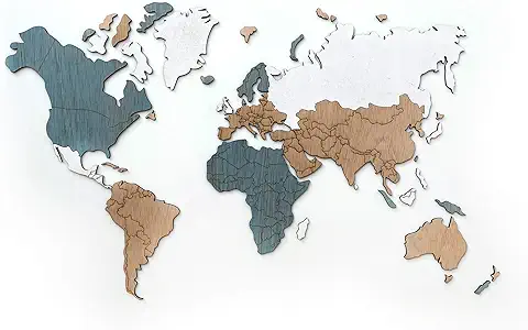 Mapamundi de Madera Premium para Decoración de Pared – Elegante Mapa del Mundo para Salón, Oficina y Dormitorio, Diseño Artístico y Moderno, Ideal para Viajeros (100 x 60 cm, Azul Marrón)  