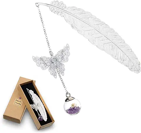 Marcador Clásicos, Marcapáginas de Plumas de Metal con Mariposa 3D y Colgante de Flor Seca Eterna de Cuentas de Vidrio, Regalo para Lectores Mujeres y Niños (D)  