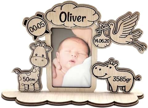 Marco de foto Personalizado con Texto para Bebes Hecho en Madera, Recien Nacido, Regalo new Born... (Modelo 3)  