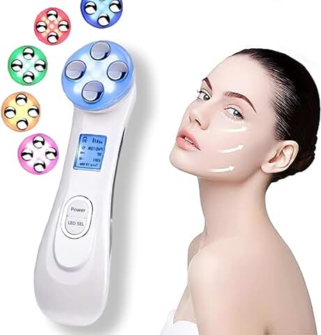 Masajeador Facial, Dispositivo Facial de Radiofrecuencia 5 en 1, LED Lones de Vibración, Instrumento Multifuncional, Anti-envejecimiento, Limpieza Profunda, Cuidado Facial  
