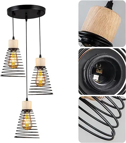 MAXDUYU 3-Luces Lámpara Colgante Vintage E27 Lámpara Colgante Metal Madera Techo Lámpara Colgante Retro Pantalla Industrial para Comedor Pasillo Salón Restaurante Sótano,Negro  