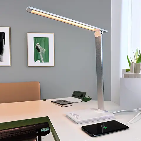 Maxter Lámpara Escritorio LED Inalámbrica con BATERÍA Recargable, Flexo LED Escritorio (6W, 550 Lumen, Puerto USB, 6 Niveles Brillo y Color, Temporizador 30/60min, Modo Lectura)  