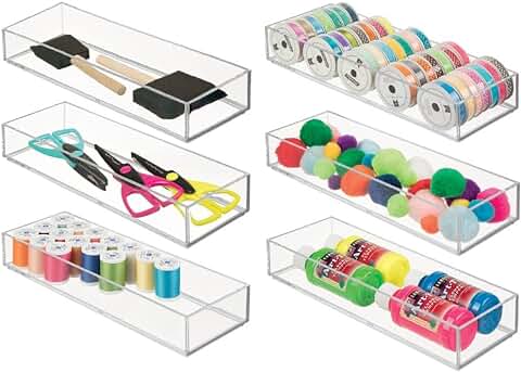 MDesign Bandejas Organizadoras – Cajas de Plástico Apilables para Escritorio y Manualidades – Versátil Organizador de Oficina para Tijeras, Pinturas y Bricolaje – Juego de 6 – Transparente  