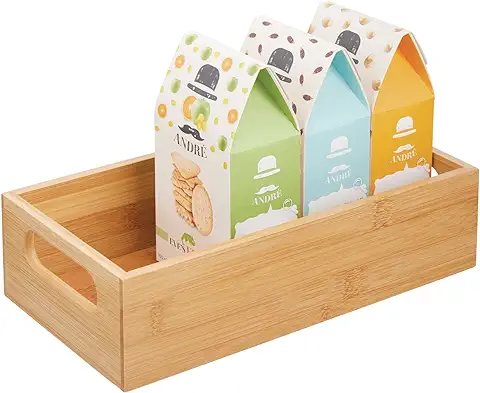 mDesign Caja organizadora con asas – Práctico cajón de madera para almacenar alimentos, especias, nueces o botellas – Organizador de cocina abierto en madera de bambú – color bambú