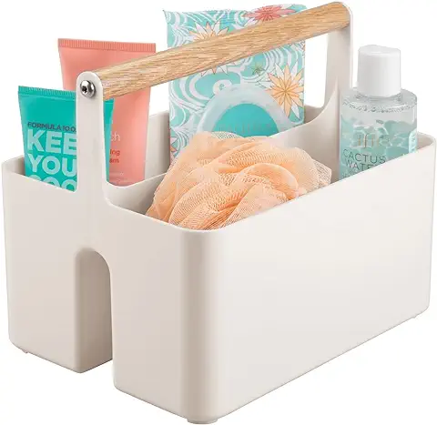 MDesign Caja Organizadora para Cuarto de Baño – Cesta con asa de Madera para el Almacenamiento de Productos Cosméticos – Organizador de Baño con 2 Compartimentos – Blanco  