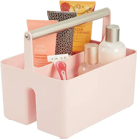 MDesign Caja Organizadora para Cuarto de Baño – Cesta con asa para el Almacenamiento de Productos Cosméticos – Organizador de Baño con 2 Compartimentos – rosa y Plateado mate  