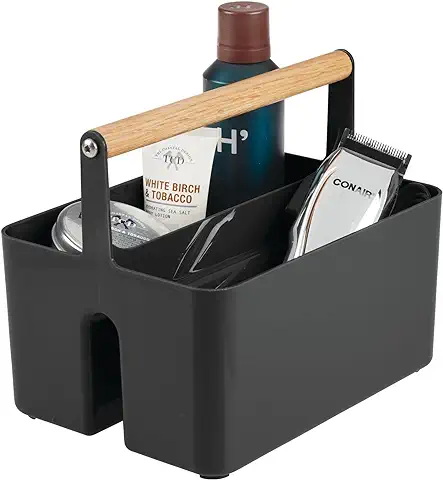 MDesign Caja Organizadora para Cuarto de Baño – Práctica Cesta con asa de Madera para el Almacenamiento de Cosméticos – Organizador de Baño Portátil con 2 Compartimentos – Negro/natural  