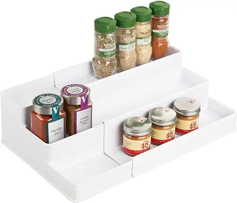 MDesign Especiero Extensible para Armario de Cocina – Estante para Especias Idóneo como Organizador de Condimentos, Salsas o Artículos de Pastelería – Anchura Adaptable, tres Niveles, Blanco  