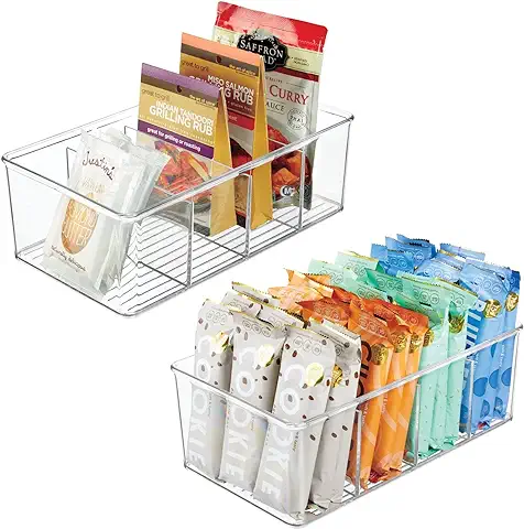 MDesign Juego de 2 Cajas de Almacenaje – Caja Organizadora Apilable con 4 Compartimentos para Guardar Alimentos – Moderno Organizador de Cocina para Sobres de Sopa, Especias, etc. – Transparente  