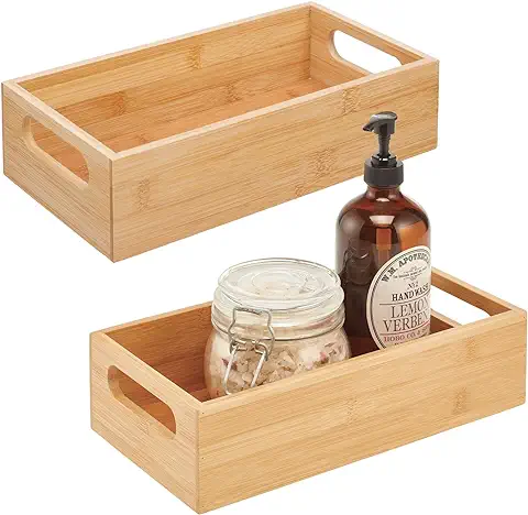 MDesign Juego de 2 Cajas de Bambú con asas – Cesta Guardatodo de Madera para Almacenaje – Para Champú, Cremas y Otros Cosméticos – Cajón Organizador de Baño Abierto de Madera de Bambú – Color Natural  