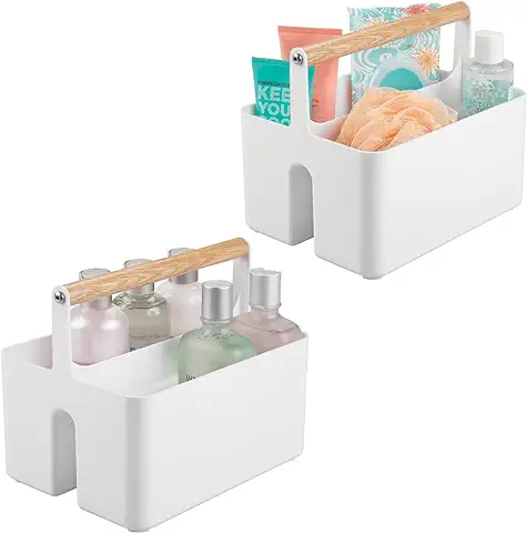 MDesign Juego de 2 Cajas Organizadoras para Baño – Cajas de Plástico con asa de Madera para el Almacenamiento de Productos Cosméticos – Organizador de Baño con 2 Compartimentos – Blanco  