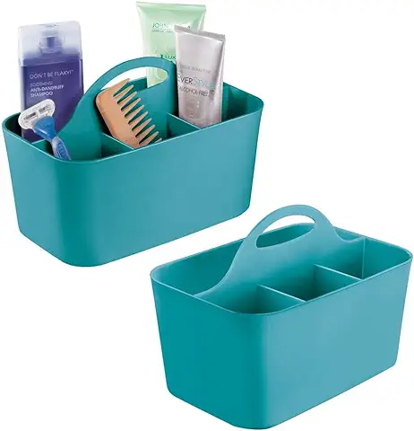 MDesign Juego de 2 Cestas de Baño con asa – Para usar como Organizador de Cosméticos, caja Organizadora para Cocina o Toallero – Cesta para Ducha Pequeña en Plástico Resistente – Turquesa  