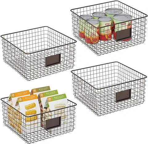 MDesign Juego de 4 Cajas Multiusos de Metal – Caja Organizadora con Espacio para Poner Etiqueta para Cocina, Despensa, etc. – Cesta de Almacenaje de Alambre, Compacta y Universal – Color Bronce  