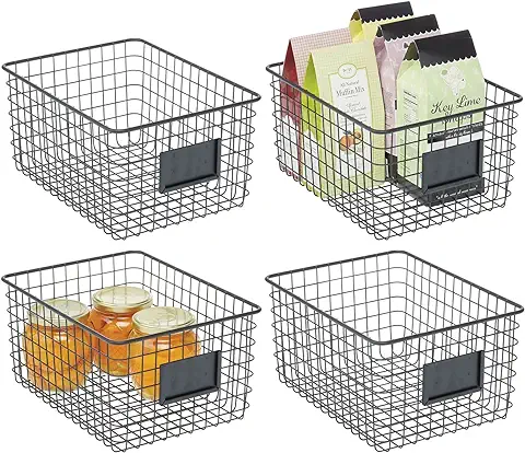 MDesign Juego de 4 Cajas Multiusos de Metal – Caja Organizadora Multifunción para Cocina, Despensa, etc. – Cesta de Almacenaje de Alambre, Compacta y Universal – Negro  