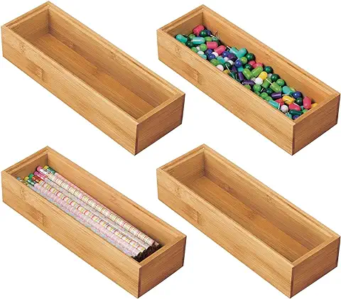 MDesign Juego de 4 Cajas Organizadoras para Escritorio y Cajón – Caja Rectangular de Bambú – Organizador de Madera de para Artículos de Oficina y Manualidades – Color Natural  