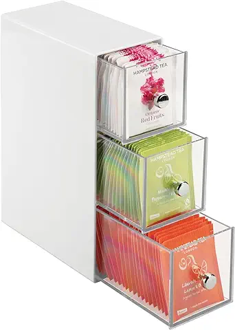 MDesign Organizador de Cocina con 3 Cajones de Plástico – Mini Cajonera para Infusiones, Bolsas de té, Sobres de Café, Azúcar, etc. – Caja de té en Plástico – Blanco  