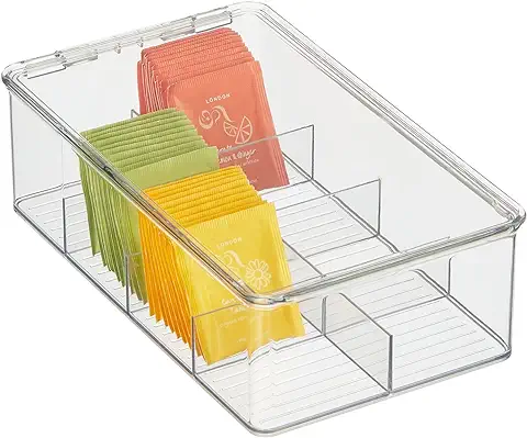 MDesign Organizador de Cocina – Práctica caja con tapa para Cocina y Despensa – Caja de Almacenaje con 8 Compartimentos para té, Café, Especias y Otros Alimentos – Transparente  