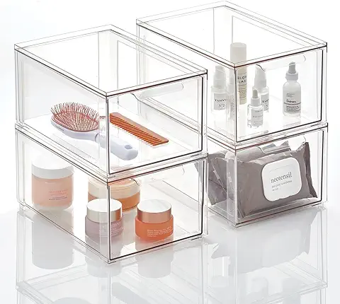 MDesign Organizador de Maquillaje – Cajonera Apilable Hecha de Plástico – Práctica caja de Almacenamiento para Ordenar Artículos del Baño – Juego de 4 – Transparente  