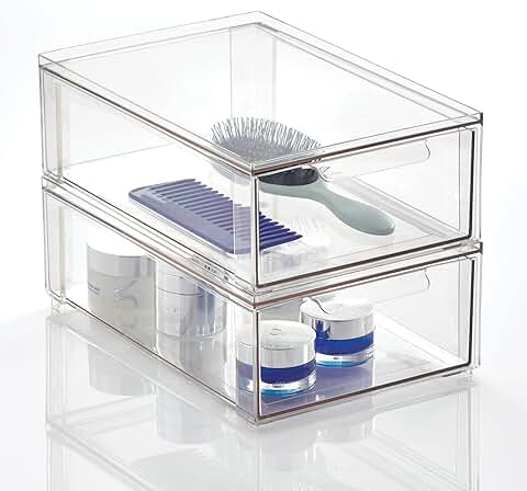 MDesign Organizador de Maquillaje para el Cuarto de Baño – Cajonera Apilable Hecha de Plástico – Práctica caja de Almacenamiento para Ordenar Artículos del Baño – Juego de 2 – Transparente  