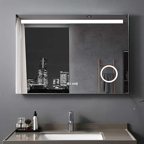 MEESALISA Espejo de Baño LED, 100 x 70 cm, con Iluminación, Espejo de Pared, Antivaho, Espejo de luz con Enchufe, Reloj Táctil, Regulable  