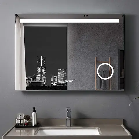 MEESALISA Espejo de Baño LED 80x60cm con Iluminación Espejo Rectangular Baño con luz Antivaho,Espejo de Pared Tactil,Blanco Cálido/Blanco Frío,Enchufe,Reloj  