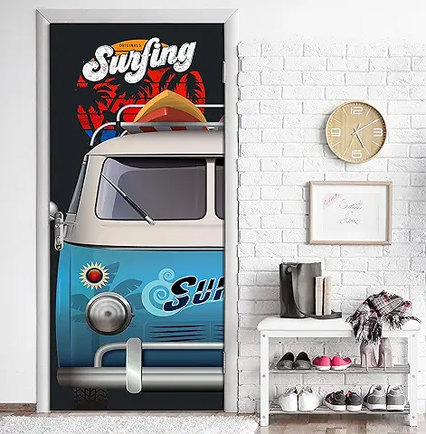 MEGADECOR Vinilo Adhesivo Decorativo para Puertas. 83cm x 204cm, Camper con Tablas De Surf Y Logotipo De Surf Ilustrado  