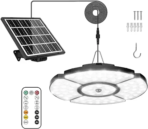 MEIKEE Luz Solar Colgante Exterior, 76 LEDs Lámpara Solar con Sensor de Movimiento, con Control Remote RF, IP65, Luz Regulable 2500-6500K, 6 Brillo, Temporizador, Función de Memoria, Cable 5 m  