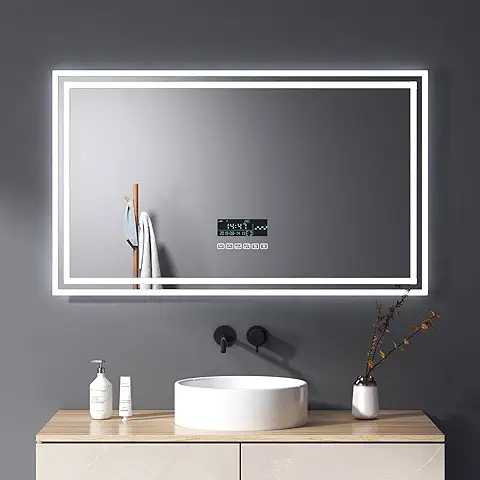 Meykoers 100 x 60 cm Espejo de Baño con luz Led,Espejo de Pared con Interruptores Táctiles y Reloj y Bluetooth y Antivaho,Espejo de Baño con luz Blanco Frío  