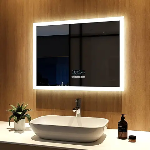 Meykoers Espejo de Baño con Iluminación LED, 80 x 60 cm, Espejo de Baño con Interruptor Táctil y Antivaho y Bluetooth, luz Blanca Fría 6500k  