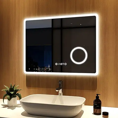 Meykoers Espejo de Baño con luz, Espejo de Baño LED con 3X Lupa, 80 x 60 cm, con Interruptor Táctil y Función Antivaho y Reloj, luz Blanca Fría 6500k, Tipo C  