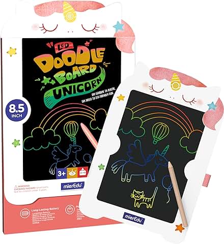 MierEdu Pizarra de Escritura LCD Infantil con Unicornio, 8,5 Pulgadas, Borrable y Reutilizable, con Botón de Pintura, Pizarra Mágica, Ecológica, Incluye Lápiz de Madera  