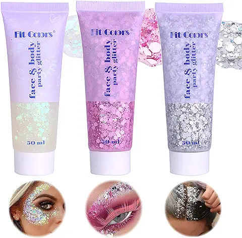 Miioto Gel Purpurina Cuerpo y Pelo, Purpurina Cara Gel, Brillantes para la cara Maquillaje, Purpurina Corporal Body Glitter Gel para El Pelo, Maquillaje, Halloween, 3 Colores  