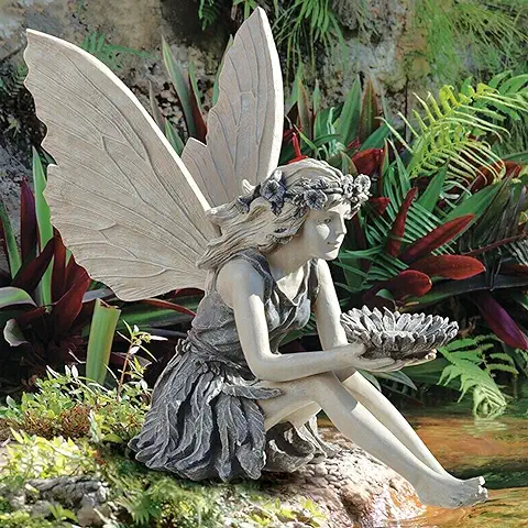 MINGZE Estatua de Hada Mágica Sentada, Resina Artesanal Paisajismo Decoración De Jardín Figuras Decorativas De Elfo para Interiores Exteriores Patio Esculturas  