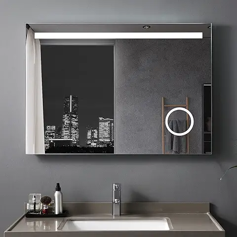 MIQU Espejo de Baño con Iluminación, 100 x 70 cm, Espejo de Baño Blanco Cálido/blanco Frío, luz LED, Espejo de Pared con Enchufe, 3 Aumentos, Táctil, Antivaho, sin Reloj  