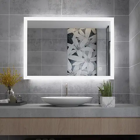 MIQU Espejo de Baño LED 60 x 50 cm, Espejo de Baño con Iluminación Blanca Fría, Regulable, Espejo de Pared con Toque, Rectangular, 500x600 mm  