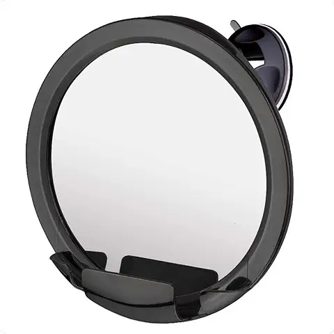 MIRRORVANA Espejo de Ducha Antivaho con Ventosa y Soporte para Maquinilla - Espejo de Afeitar para Baño - 20cm Diámetro (Negro)  