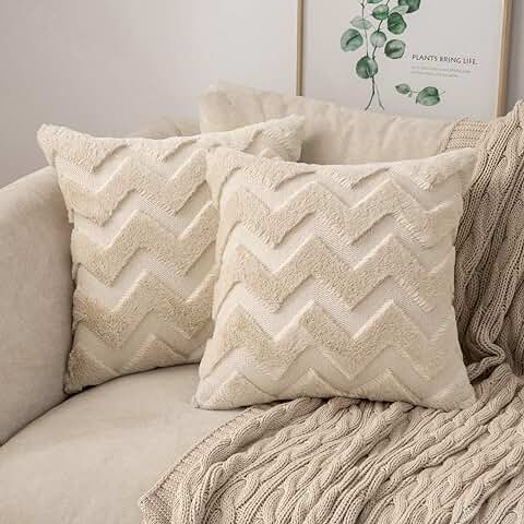 MIULEE 2 Piezas Funda Cojines Funda de Almohada Diseño Boho Lana de Imitación Cojin Moderno Decoración Cremallera Oculta para Silla Oficina Cama Habitacion Dormitorio Salón 45x45 cm Beige  