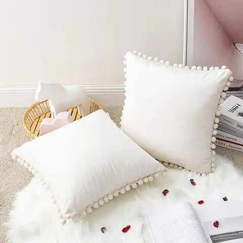 MIULEE 2 Piezas Terciopelo Funda de Cojín Fundas de Almohada con Pompones Cojín Decoración Sofá Cama Silla Dormitorio Salon Habitacion 50x50cm Blanco Puro  