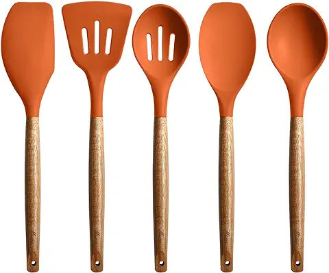 Miusco Juego de Utensilios de Cocina de Silicona Antiadherentes con Mango de Madera dura de Acacia Natural, 5 Piezas, Naranja, sin BPA, Utensilios de Cocina de Silicona para Hornear y Servir  