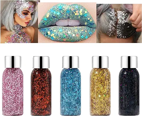 MKNZOME Gel Purpurina Cara Festival, 5 Piezas Purpurina Pelo Maquillaje Body Glitter Gel Brillo Líquido Sombra de Ojos para Uñas, Pelo, Maquillaje, Halloween, Cumpleaños, Niños  