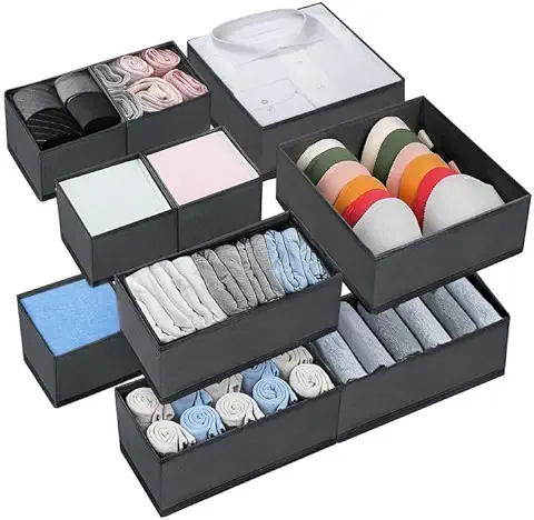 MOOING 10Pcs Organizador Armario Ropa, Cajas Plegable de Almacenamiento, Tela, Cubo Organizador de Cajones Para Sujetadores,Calcetín,Corbatas（Gris）  