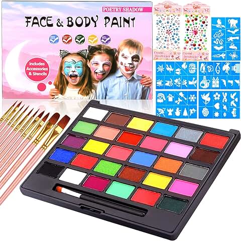 MULEVIP Body Paint,Pinturas Cara Kit de Maquillaje de 30 Colores,Pintura Facial con 50 Plantillas y 10 Pinceles,400 Gemas,Maquillaje de Halloween,Colores de Pintura Corporal,Fiesta Pascua Halloween  