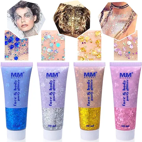 MULEVIP Chunky Glitter Gel Purpurina Cuerpo y Pelo, Body Gel Corporal, 4 Colores, para Maquillaje,Halloween,Niños,Festival  