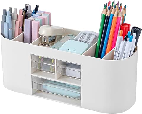 MumdoYAL Organizador de Escritorio con 6 Compartimentos y 3 Cajones – Maravilla de Espacio Multifuncional en Color Blanco  