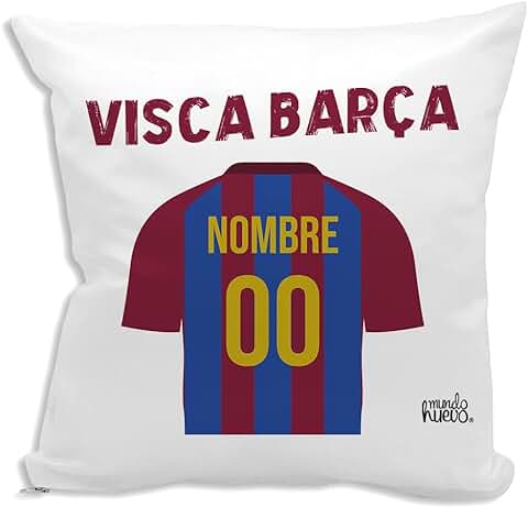 Mundohuevo Cojin Decorativo y Personalizado con Texto. Incluye Relleno. Regalo Original. Barcelona. Regalo Equipo de Futbol. Nombre y Numero Que Quieras. Haz 42,5 x 42,5 cm. Agradable Tacto Algodon.  