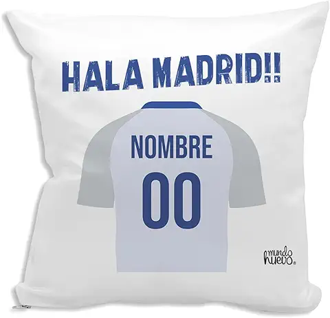 Mundohuevo Cojin Decorativo y Personalizado con Texto. Incluye Relleno. Regalo Original. Madrid. Regalo Equipo de Futbol. Nombre y Numero Que Quieras. Haz 42,5 x 42,5 cm. Agradable Tacto Algodon.  